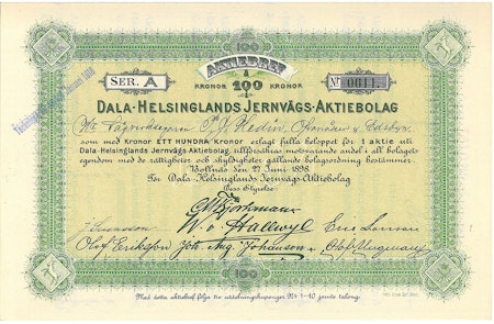 Dala-Helsinglands Jernvägs AB 100 kr, 1898