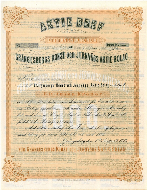Grängesbergs Konst och Jernvägs AB, 1 000 kr, 1877