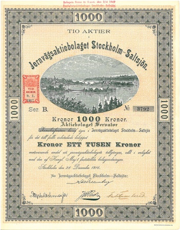 Jernvägs AB Stockholm-Saltsjön, 1 000 kr, 1916