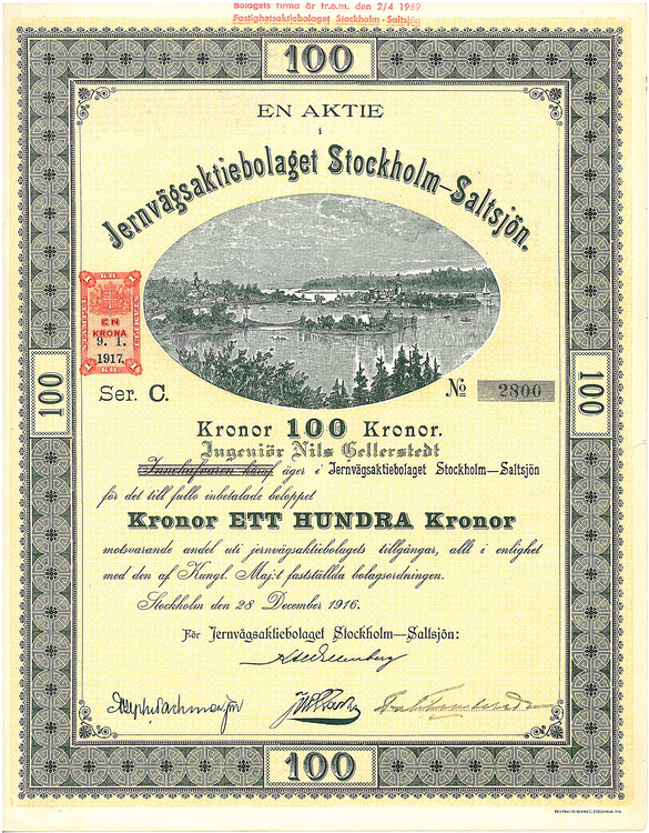 Jernvägs AB Stockholm-Saltsjö, 100 kr, 1916