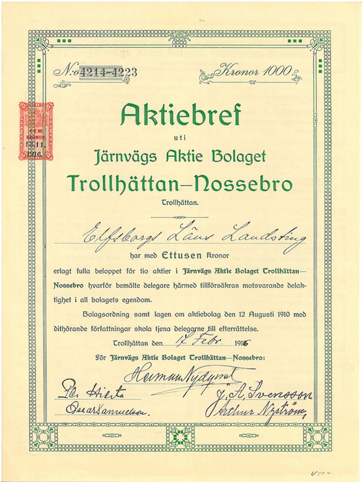 Järnvägs AB Trollhättans-Nossebro, 1000 kr, 1916