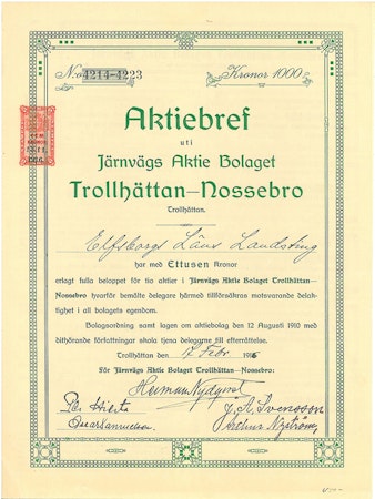 Järnvägs AB Trollhättans-Nossebro, 1000 kr, 1916