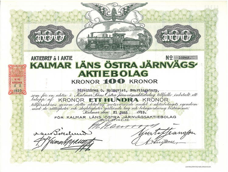 Kalmar Läns Östra Järnvägs AB, 100 kr, 1919