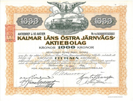 Kalmar Läns Östra Järnvägs AB, 1 000 kr, 1919