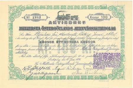Mellersta Östergötlands Jernvägs AB, 100 kr, 1896
