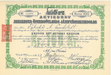 Mellersta Östergötlands Jernvägs AB, 100 kr, 1919