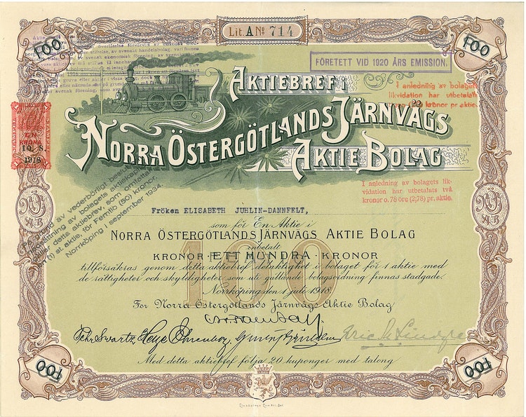 Norra Östergötlands Järnvägs AB, 100 kr