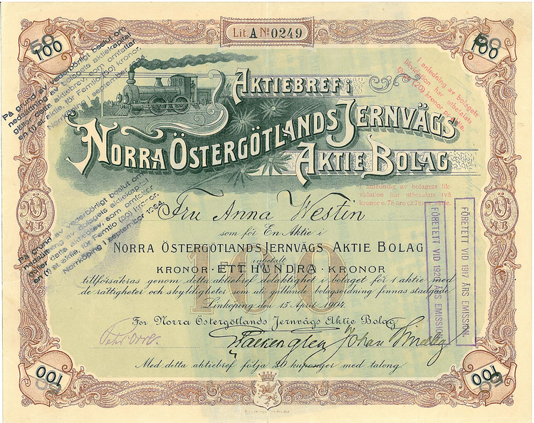 Norra Östergötlands Järnvägs AB, 100 kr, 1904