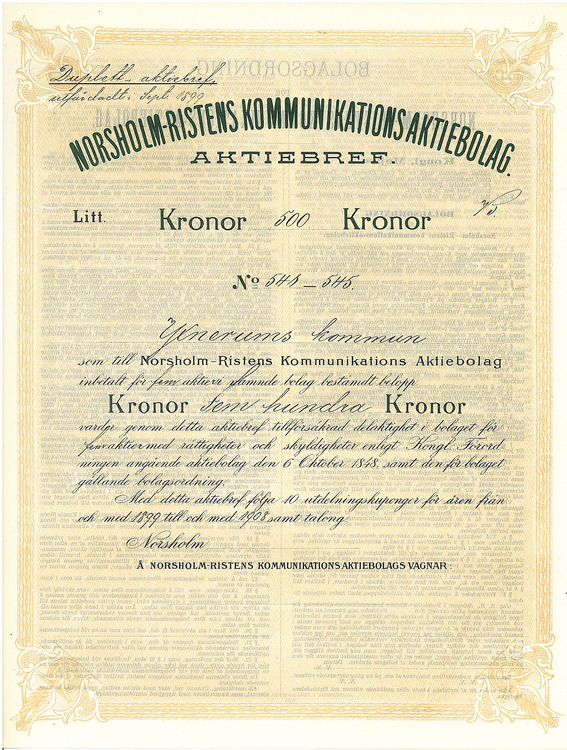 Norsholm-Ristens Kommunikations AB, 500 kr, 1899