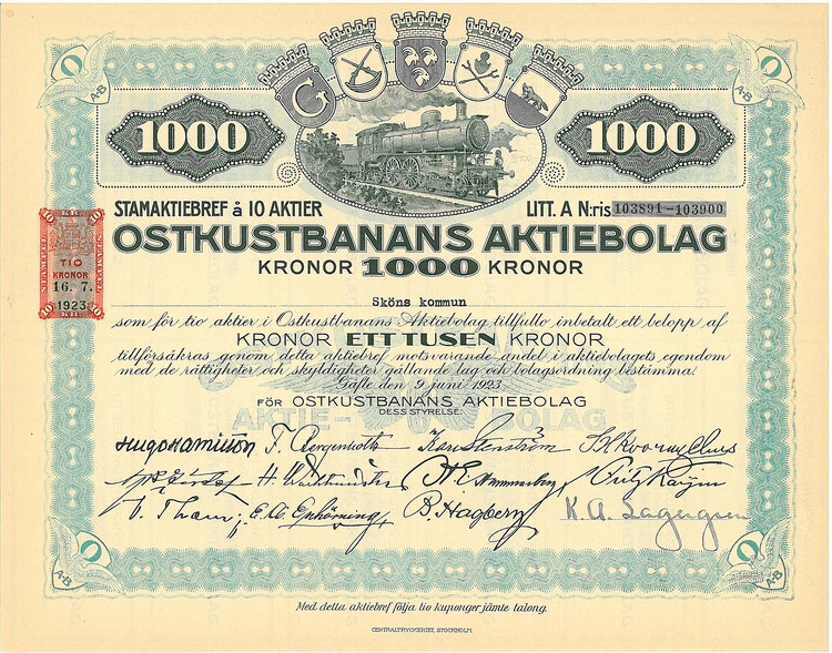 Ostkustbanans AB, 1 000 kr, 1923
