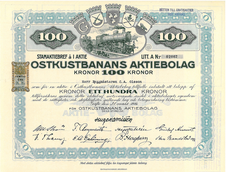 Ostkustbanans AB 100 kr, 1916