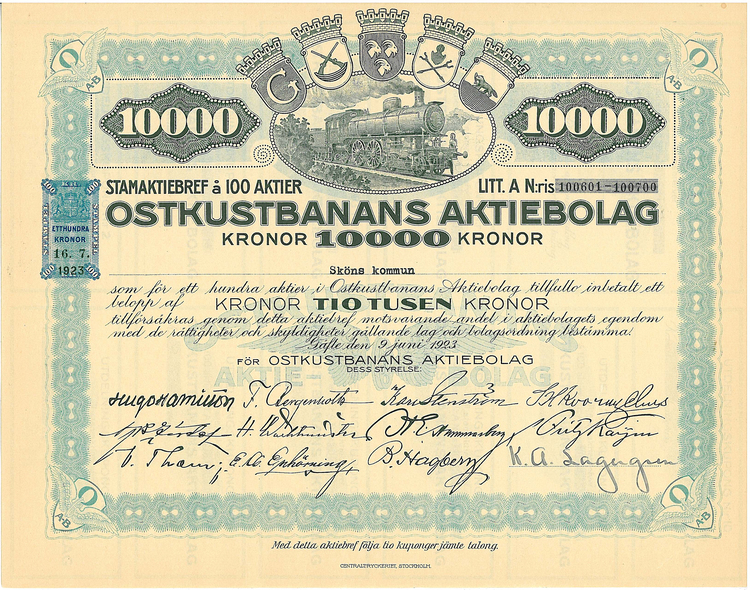 Ostkustbanans AB, 10 000 kr, 1923