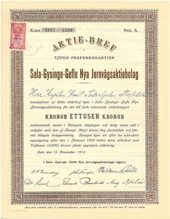 Sala-Gysinge-Gefle Nya Jernvägs AB, 1 000 kr 1913