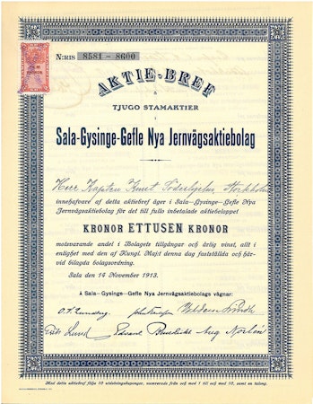 Sala-Gysinge-Gefle Nya Jernvägs AB, 1 000 kr, 1913