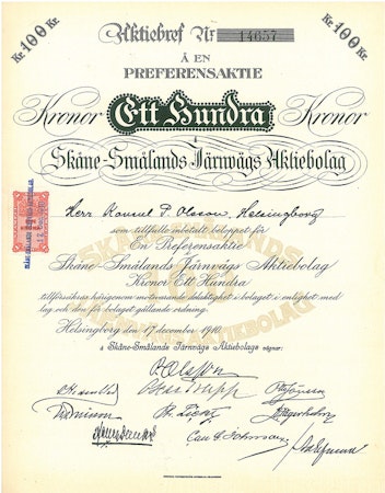 Skåne-Smålands Järnvägs AB, 100 kr, 1910