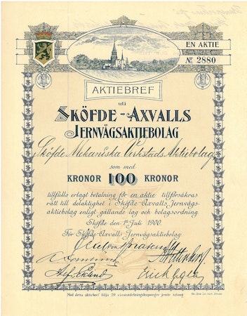 Sköfde-Axvalls Jernvägs AB 100 kr, 1900