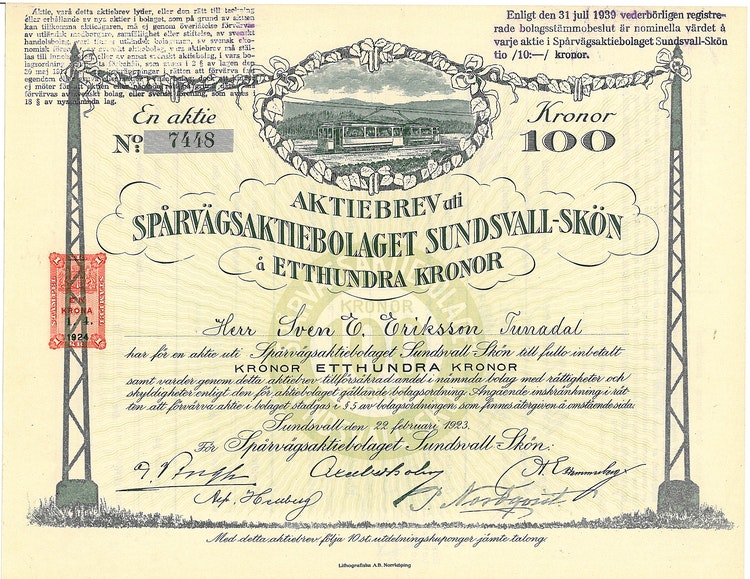 Spårvägs AB Sundsvall-Skön, 100 kr, 1923