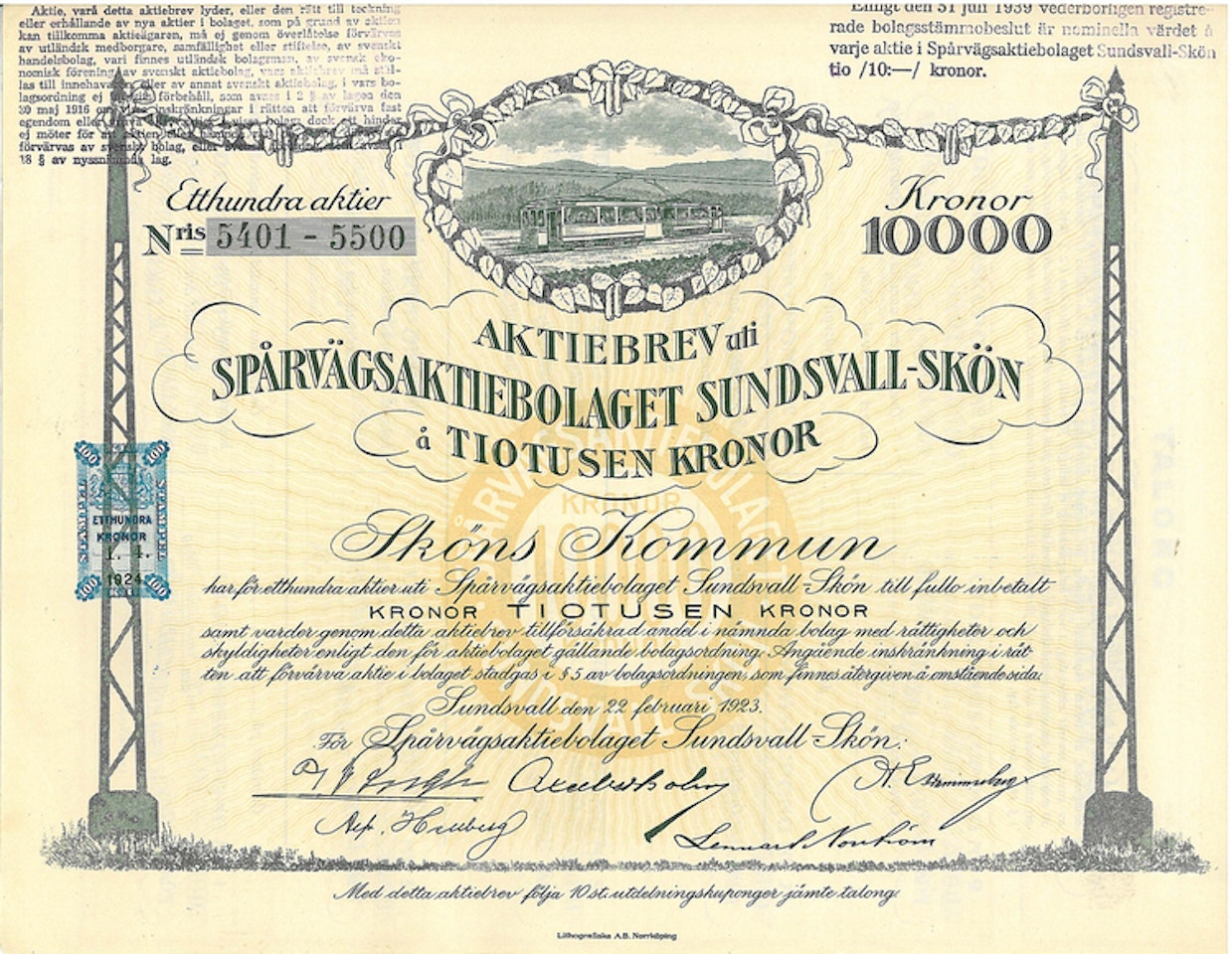 Spårvägs AB Sundsvall-Skön, 10 000 kr, 1923