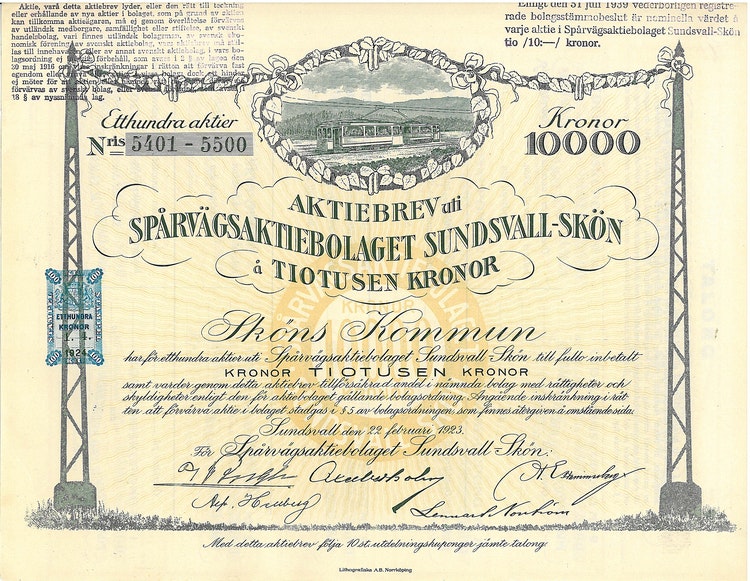 Spårvägs AB Sundsvall-Skön, 10 000 kr, 1923