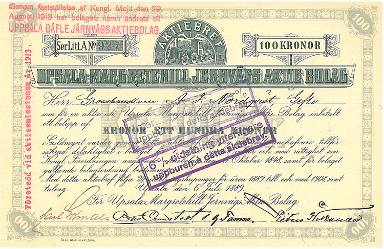 Upsala-Margaretehill Jernvägs AB, 100 kr, 1889