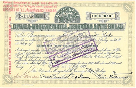 Upsala-Margaretehill Jernvägs AB, 100 kr, 1889