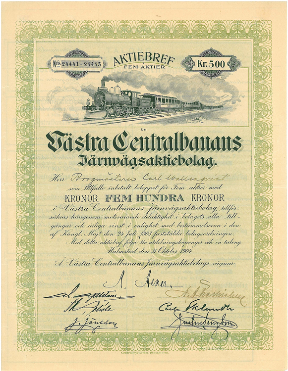 Västra Centralbanans Järnvägs AB,  500 kr, 1904
