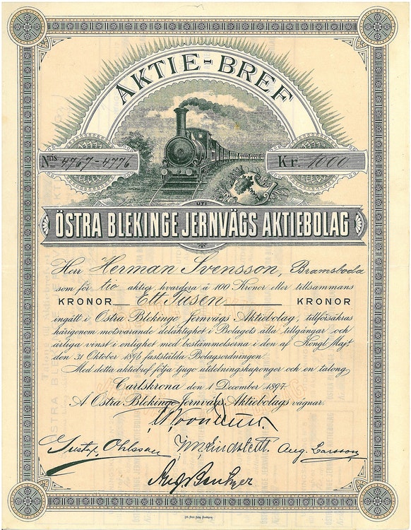 Östra Blekinge Jernvägs AB, 1 000 kr, 1897