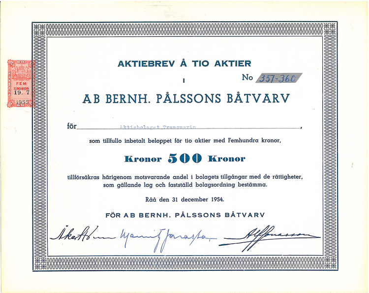 Bernh. Pålssons Båtvarv, AB, 500 kr, 1954