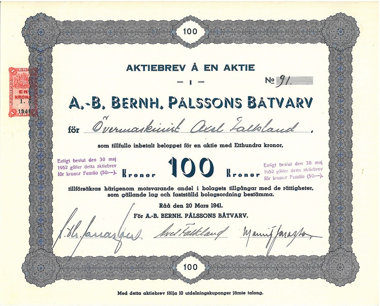 Bernh. Pålssons Båtvarv, AB, 100 kr, 1941,