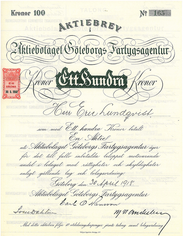 Göteborgs Fartygsagentur, AB 100 kr, 1918