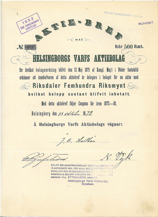 Helsingborgs Varfs AB, 500 Rdr, 1872