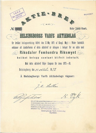 Helsingborgs Varfs AB, 500 Rdr, 1872