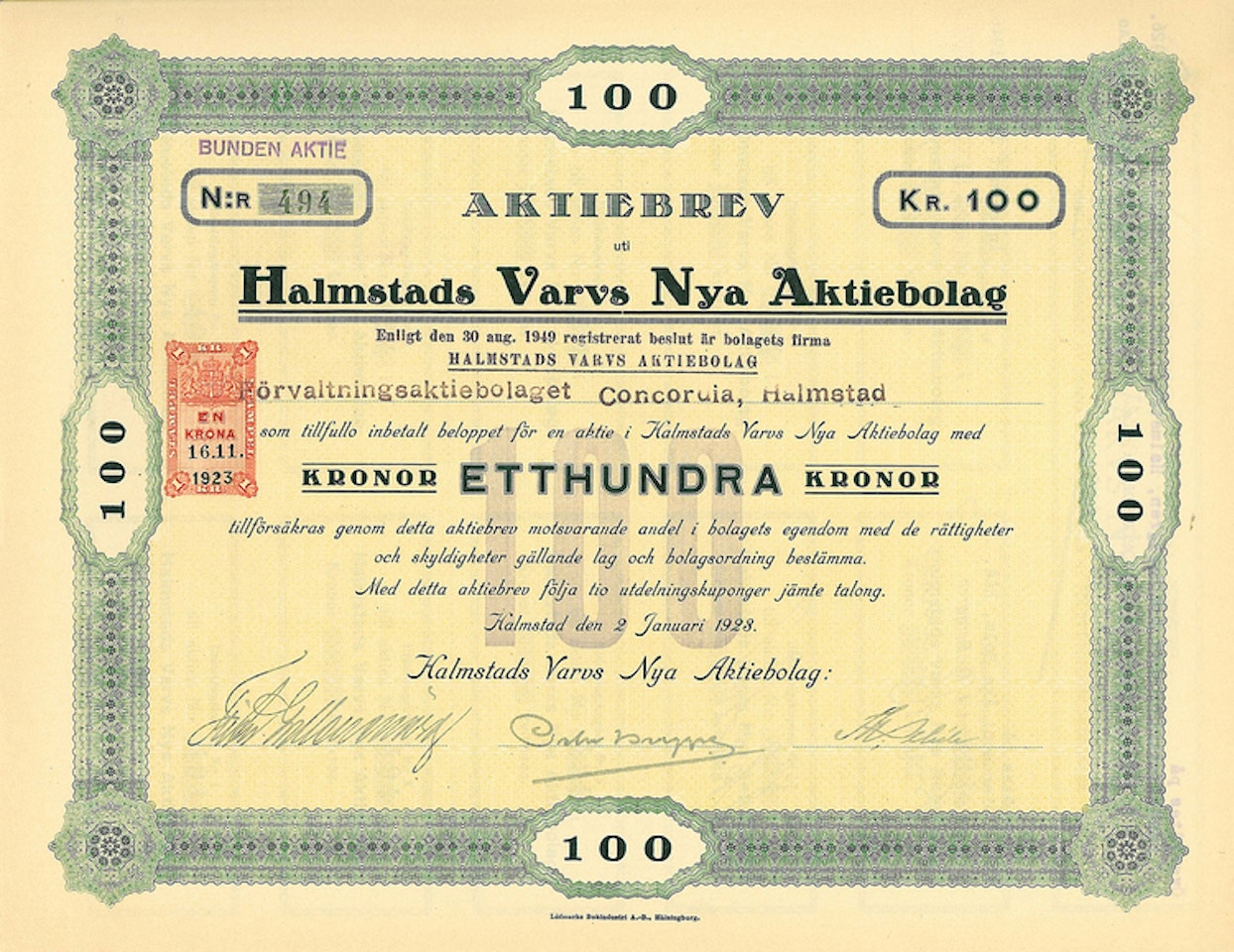 Halmstads Varvs Nya AB, 100 kr, 1923