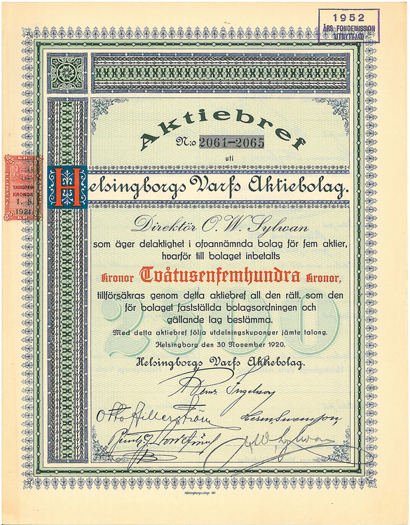 Helsingborgs Varfs AB, 2 500 kr, 1920