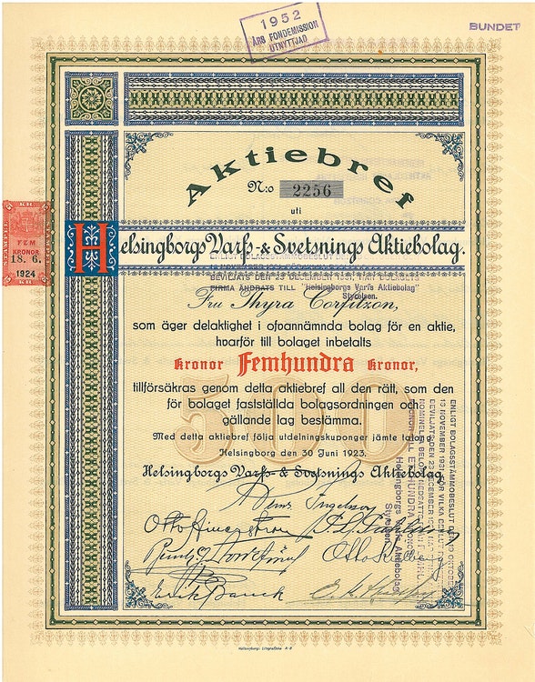 Helsingborgs Varfs AB, 500 kr, 1923
