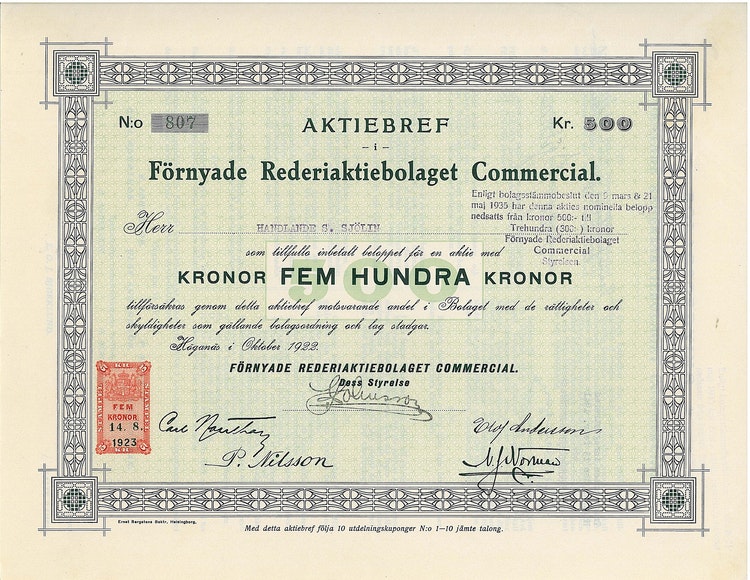 Förnyade Rederi AB Commercial, 500 kr, 1922