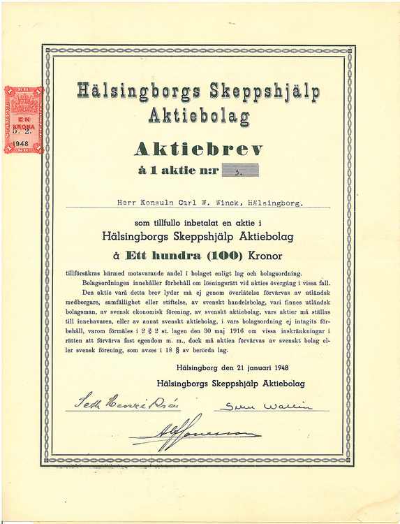 Hälsingborgs Skeppshjälp AB,, 100 kr, 1948
