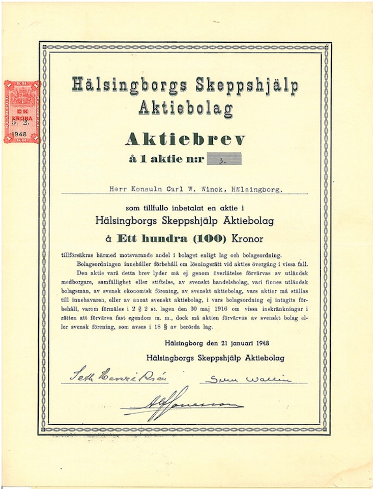 Hälsingborgs Skeppshjälp AB,, 100 kr, 1948