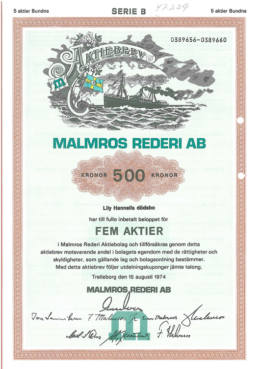 Malmros Rederi AB, 500 kr, 1974