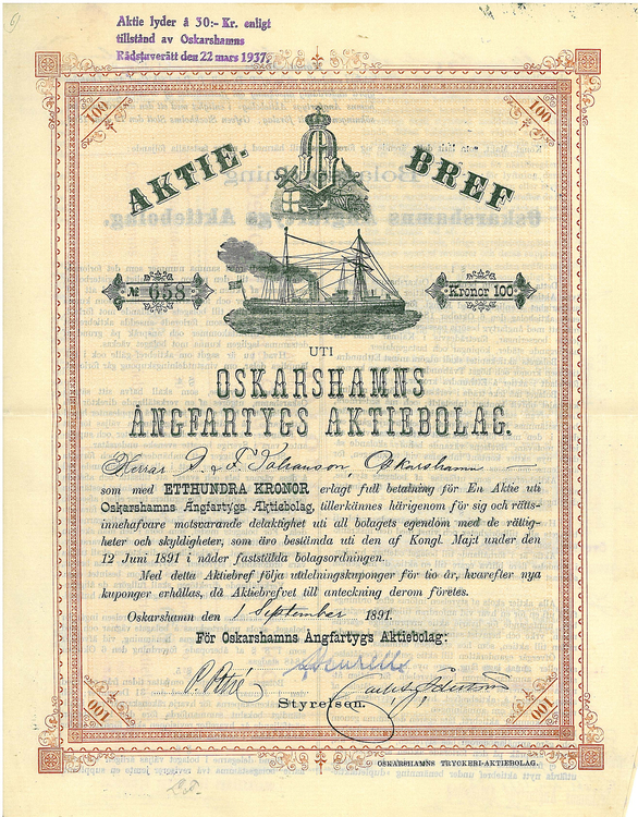 Oskarshamns Ångfartygs AB, 100 kr, 1891