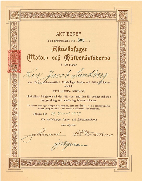 Motor och Båtverkstäderna, AB, 100 kr, 1917
