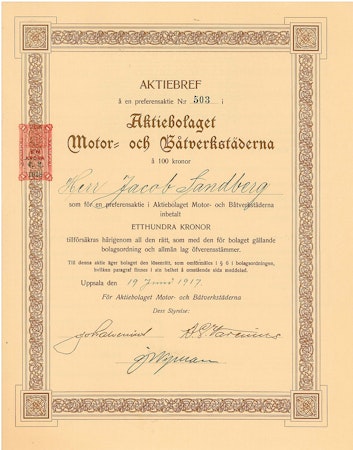 Motor och Båtverkstäderna, AB, 100 kr, 1917