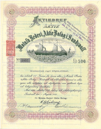 Motala Rederi AB i Sundsvall, 500 kr, 1920