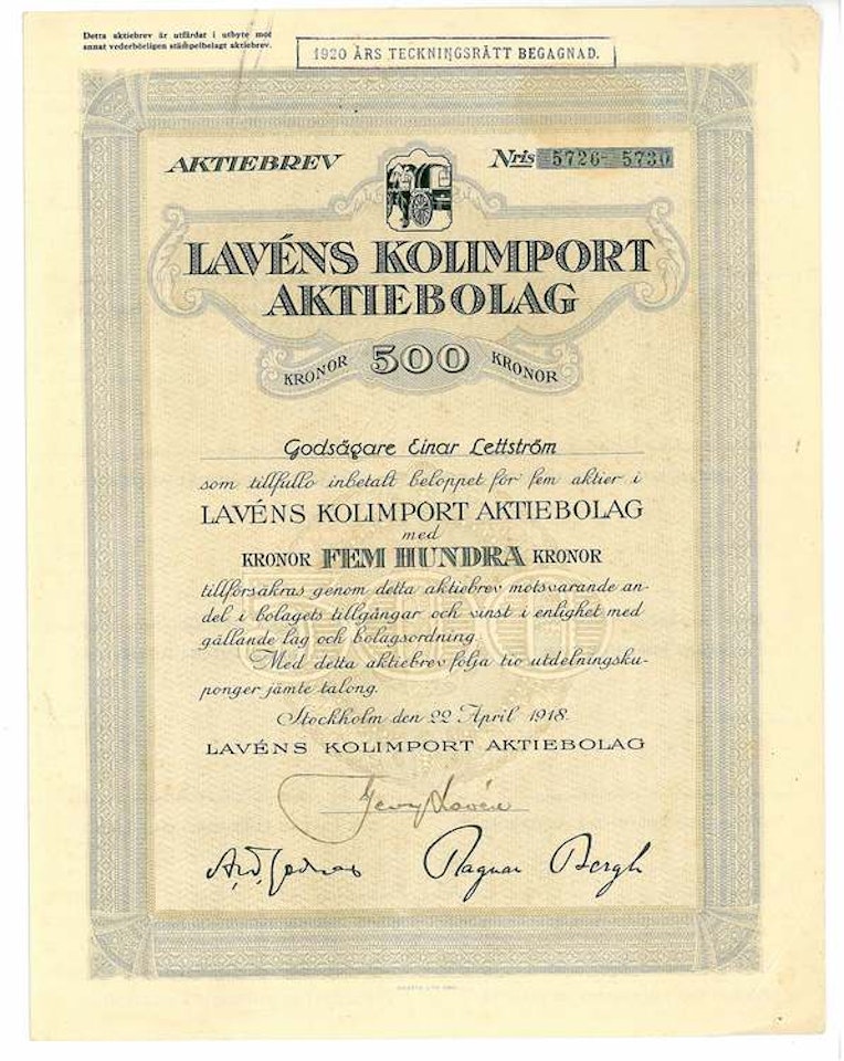 Lavéns Kolimport AB, 500 kr