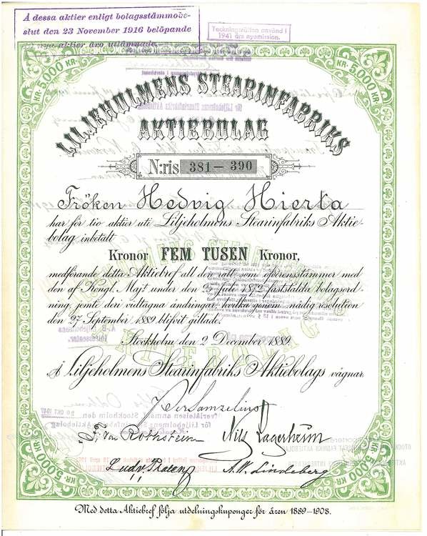 Liljeholmens Stearinfabriks AB, 1889