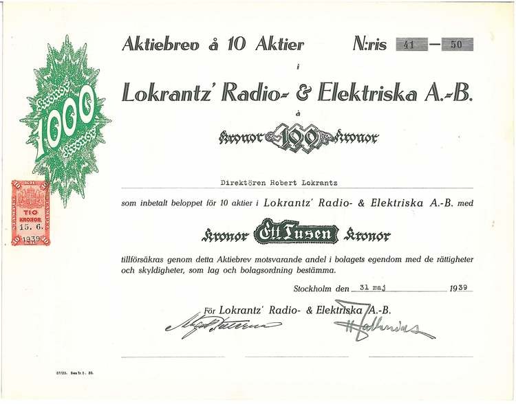 Lokrant´z Radio-& Elektriska AB, 1 000 kr.