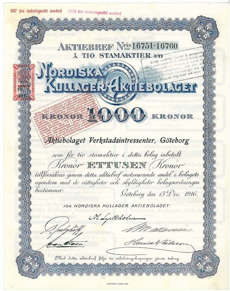 Nordiska Kullager, AB, 1.000 kr, 1916