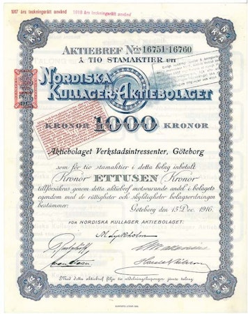 Nordiska Kullager, AB, 1.000 kr, 1916