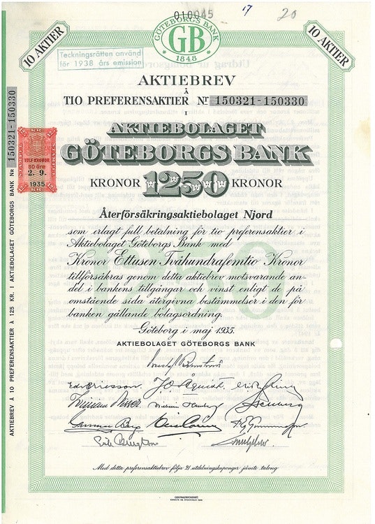 Göteborgs Bank, AB, 1250 kr