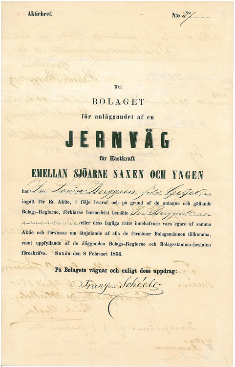 Jernväg för Hästkraft  emellan Sjöarna Saxen o Yngen 1856